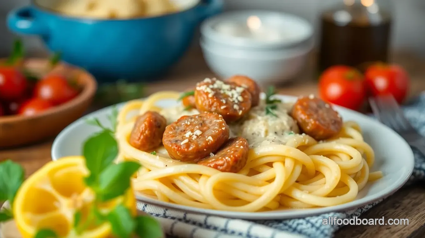 Garlic Sausage Alfredo Rigatoni Delight