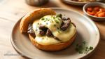 Cook Steak Egg Bagel with Creamy Cheese Sauce