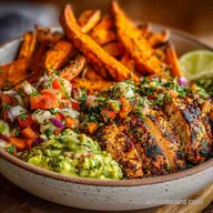 Grilled Herb Chicken Bowl with Sweet Potato Fries and Avocado Salsa: Crispy Baked