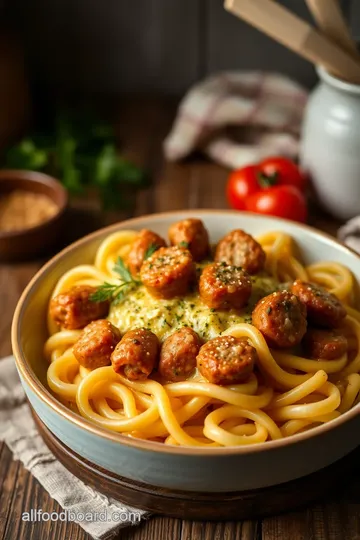 Garlic Sausage Alfredo Rigatoni Delight presentation