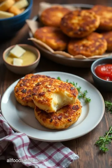 Crispy Fried Potato Cakes with Savory Cheese Filling presentation