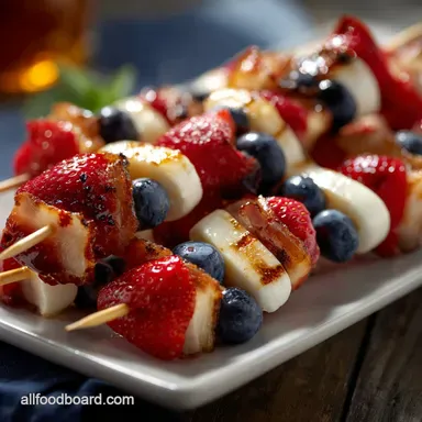 4th of July Appetizers: Easy Make-Ahead Red White and Blue Skewers Recipe Card