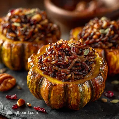Autumn Harvest Wild Rice Stuffed Acorn Squash Recipe Card