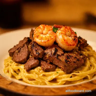 Blackened Steak Shrimp Alfredo Spicy Southern Italian Recipe Card