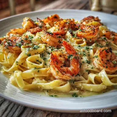 Creamy Shrimp Fettuccine Pasta with Homemade Alfredo Sauce and Garlic Ready in 30 Min Recipe Card