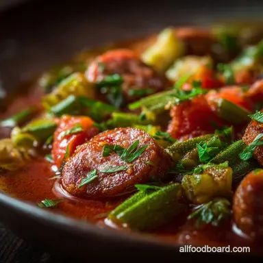 The Best Okra Stew Recipe Smoky Sausage Tomato Comfort Recipe Card
