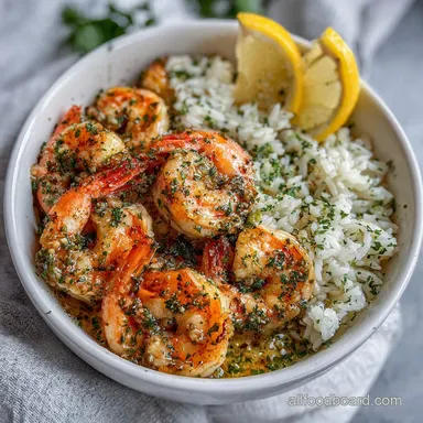 Creamy Garlic Butter Shrimp Bowl with Herb Rice Recipe Card