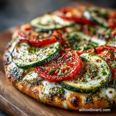 Heirloom Tomato Flatbread Zucchini Mozzarella Pesto Bliss Recipe Card