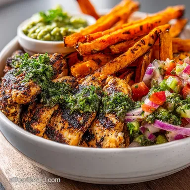 Grilled Herb Chicken Bowl with Sweet Potato Fries and Avocado Salsa: Crispy Baked Recipe Card