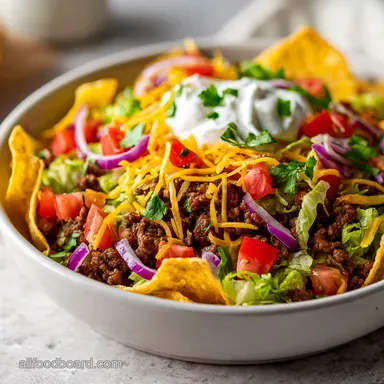 Loaded Taco Salad with Glazed Ground Beef in 25 Minutes Recipe Card