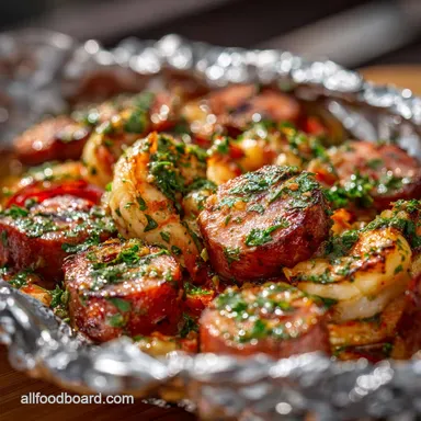Foil Pack Meals: Sun-Drenched Sausage Prawn Dinner (Grill or Oven) Recipe Card