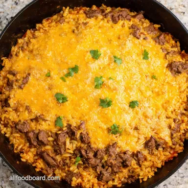 OnePan Beef Taco Skillet Recipe Cheesy Rice Delight Recipe Card