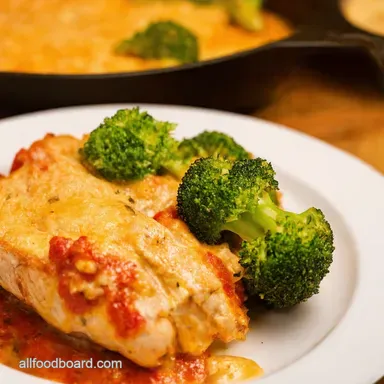 Savor the Flavor OnePan Creamy Chicken Parm Broccoli Recipe Card