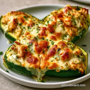 Pesto Chicken Zucchini Boats Meal Prep Recipe Card