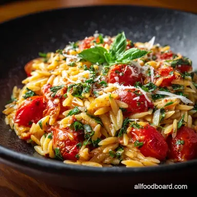Orzo Pasta with Tomatoes Basil and Parmesan Easy 25Minute Dinner Recipe Card