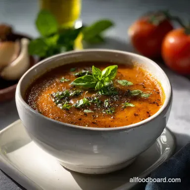 Roasted Tomato Soup Bliss with Fresh Basil and Garlic Recipe Card