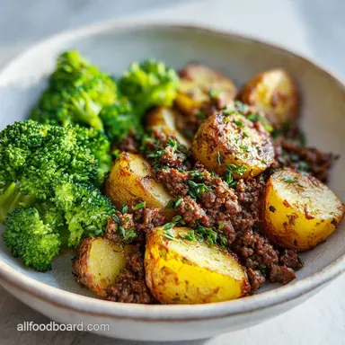 Savory Ground Beef with Potatoes and Broccoli Ready in 30 Min Roasted Recipe Card