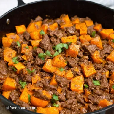 Southwest Beef Sweet Potato Skillet OnePan Fiesta Recipe Card