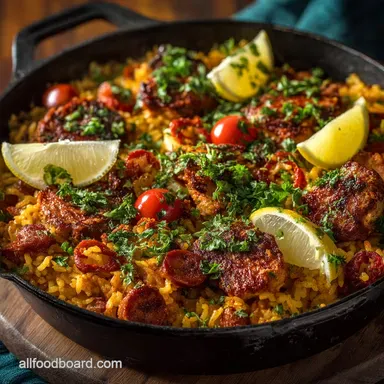 Spanish Chicken Chorizo One Skillet Meals Easy Paella Dinner Recipe Card