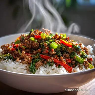 Spicy Ground Beef StirFry Bowl with Garlic Veggies and Steamy Rice in 20 Minutes Recipe Card
