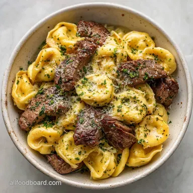 Steak Bite Tortellini with Garlic Butter in 20 Minutes Recipe Card