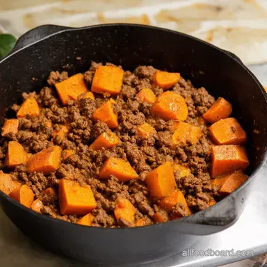 Sweet Potato Ground Beef Skillet Easy OnePan Recipe Card