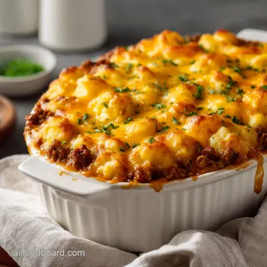 Ground Beef Casserole: Pub-Style Cheesy Potato Bake Recipe Card