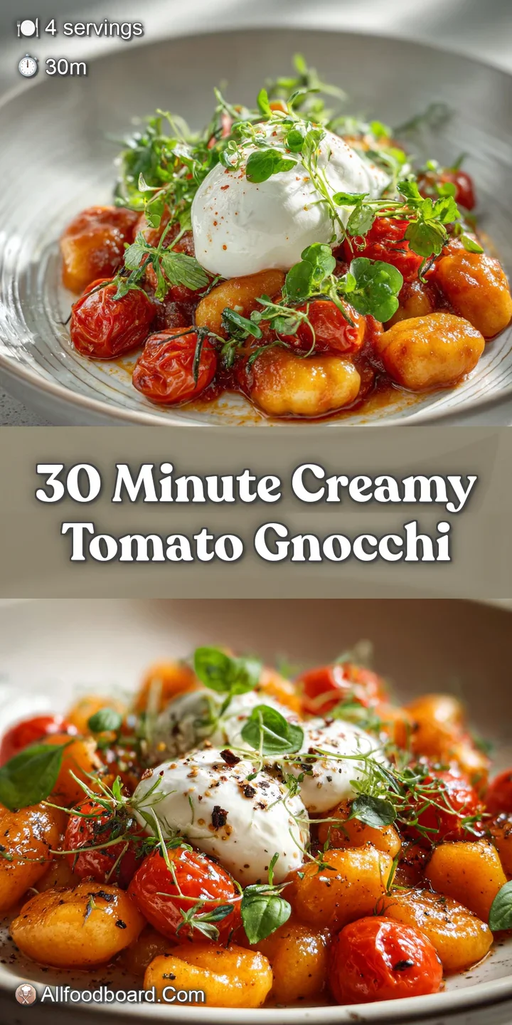 Close-up of tender gnocchi bathed in a velvety tomato sauce. The creamy texture is highlighted by flecks of herbs and chil...