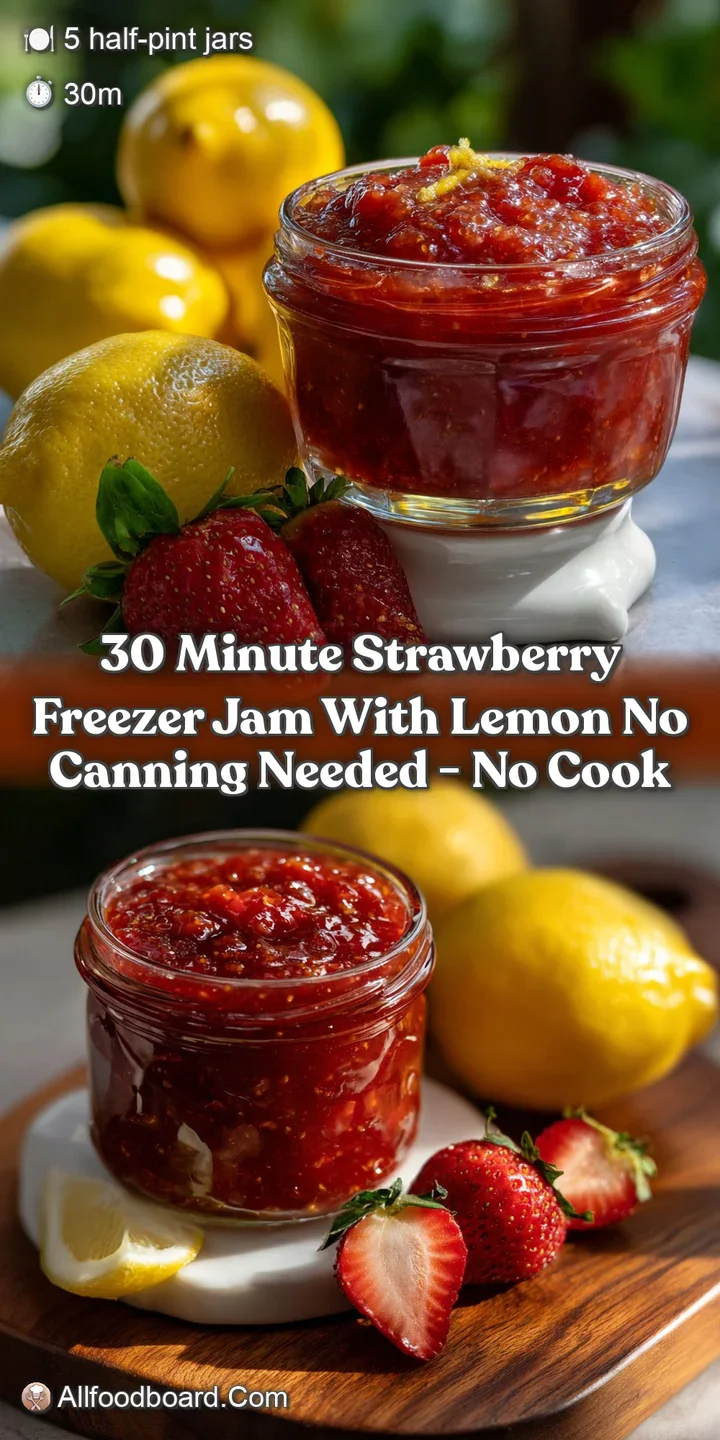 Close-up shot of chunky, glistening strawberry jam with flecks of lemon peel, capturing the fresh fruit's vibrant color an...