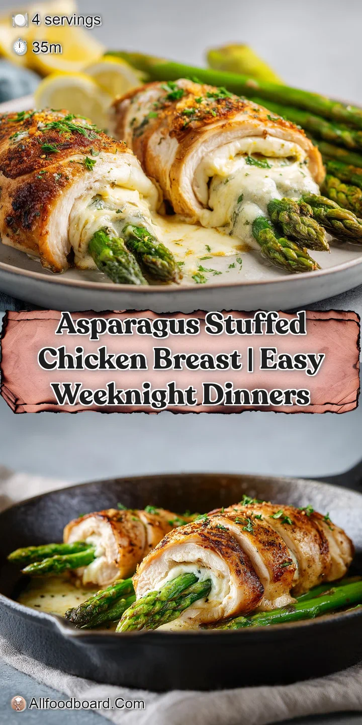 Close-up view of a succulent chicken breast, browned to perfection, with a delightful peek of bright green, tender asparag...