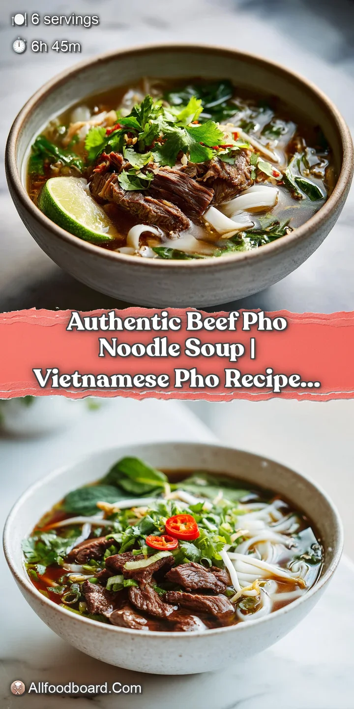 Close-up of rich, aromatic pho broth with glistening beef slices and fresh green herbs floating.