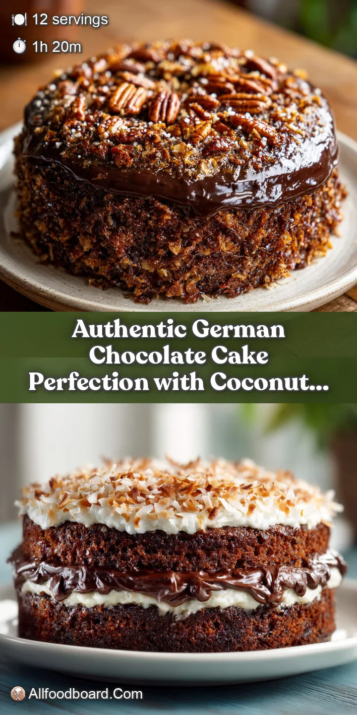 Close-up of German chocolate cake: glossy, rich chocolate cake with a generous layer of sweet coconut-pecan frosting. Deca...