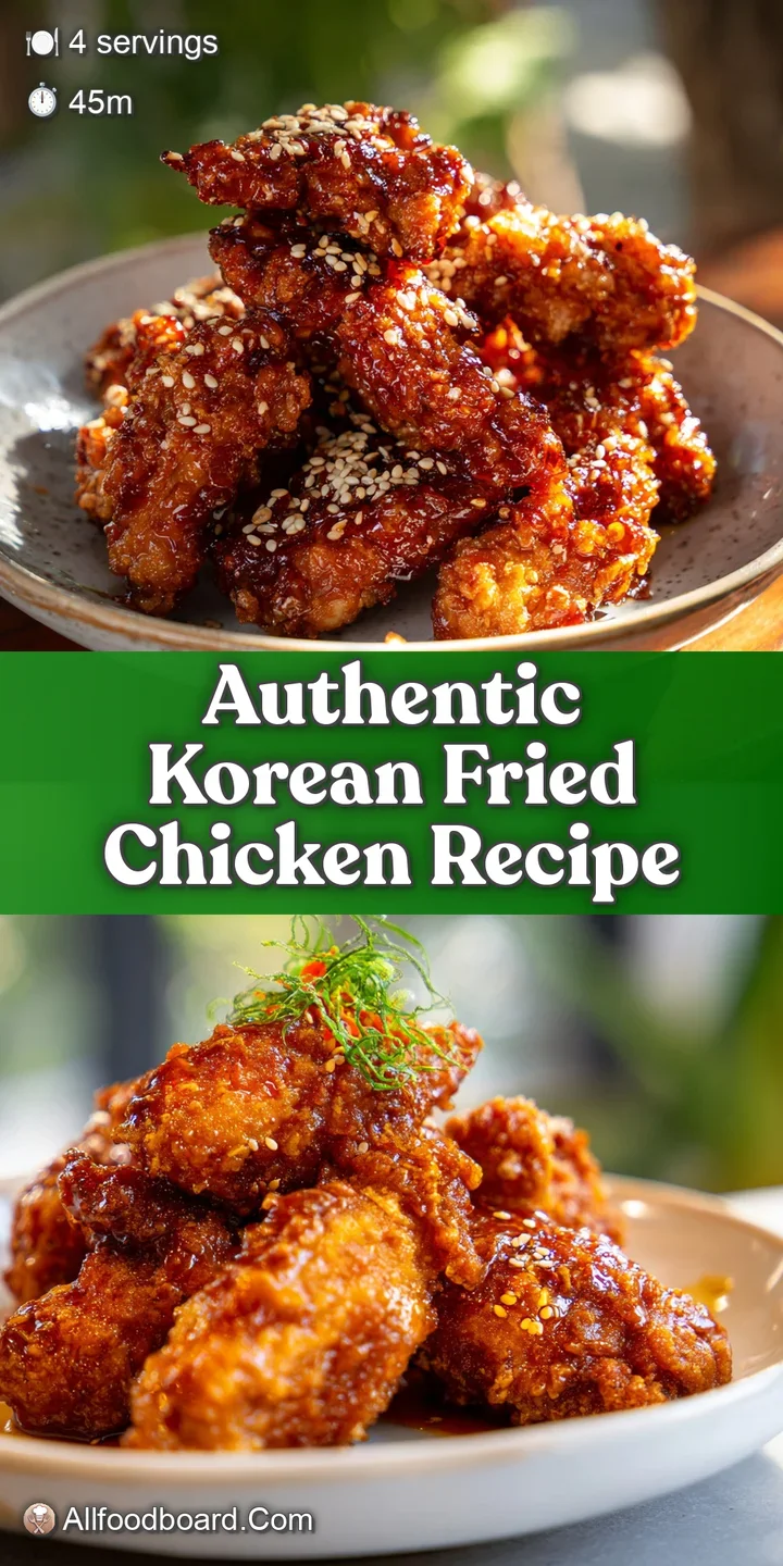 Close-up view of intensely glazed Korean fried chicken; irresistible, crunchy texture with a hint of spicy red pepper visi...