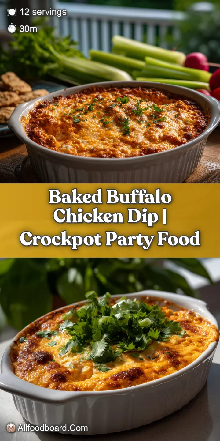 Close-up of a cheesy, bubbling buffalo chicken dip, showcasing its rich texture and tantalizing heat. Swirls of creamy sau...