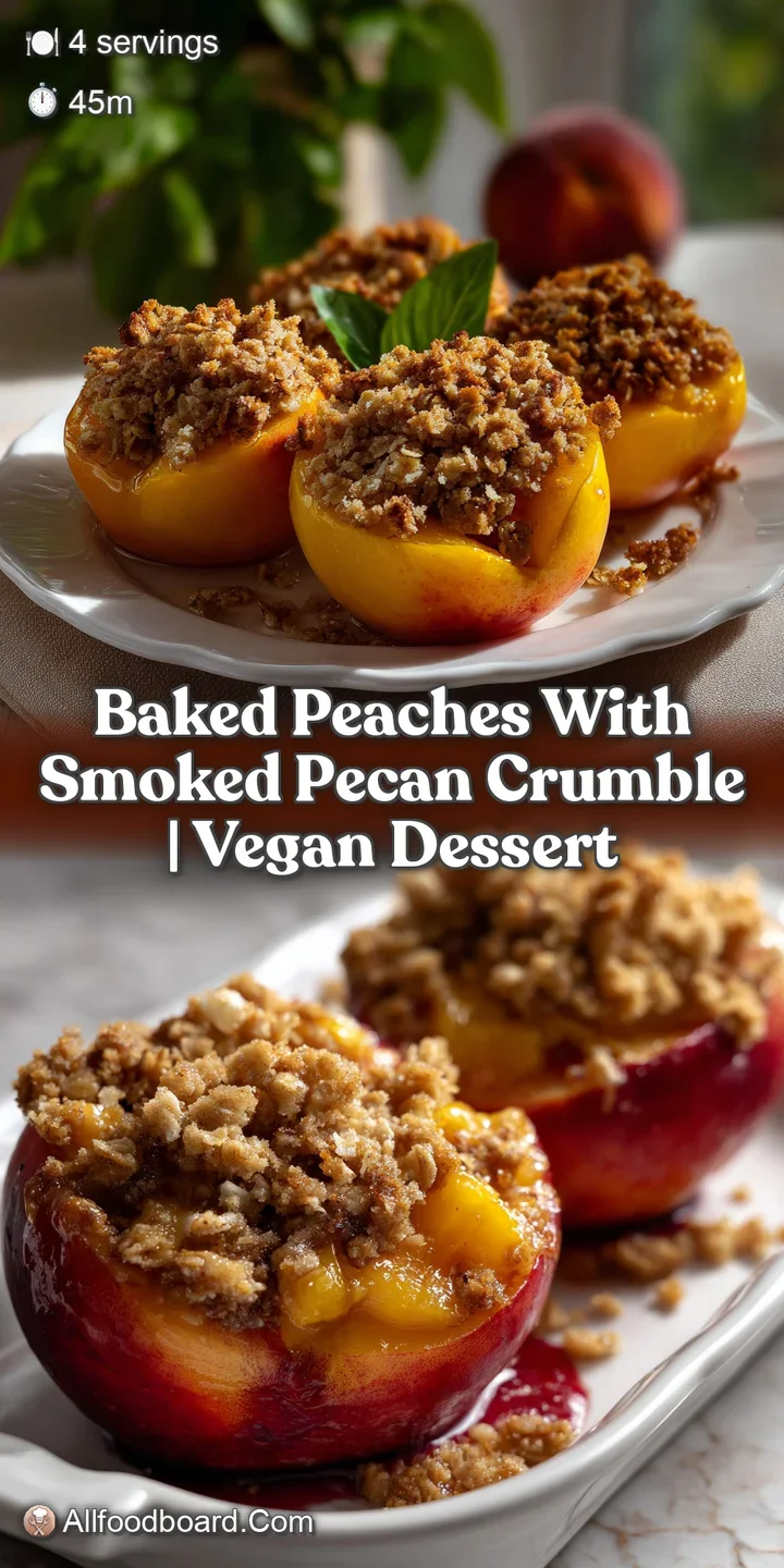 Golden-brown oat crumble topping a baked peach half, showing soft, glistening flesh. Served in a rustic ceramic bowl.