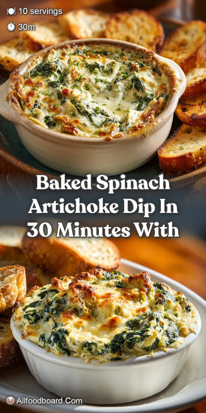 Close-up of bubbling, creamy spinach artichoke dip. A spoon scoops a generous portion, revealing its rich, cheesy texture.
