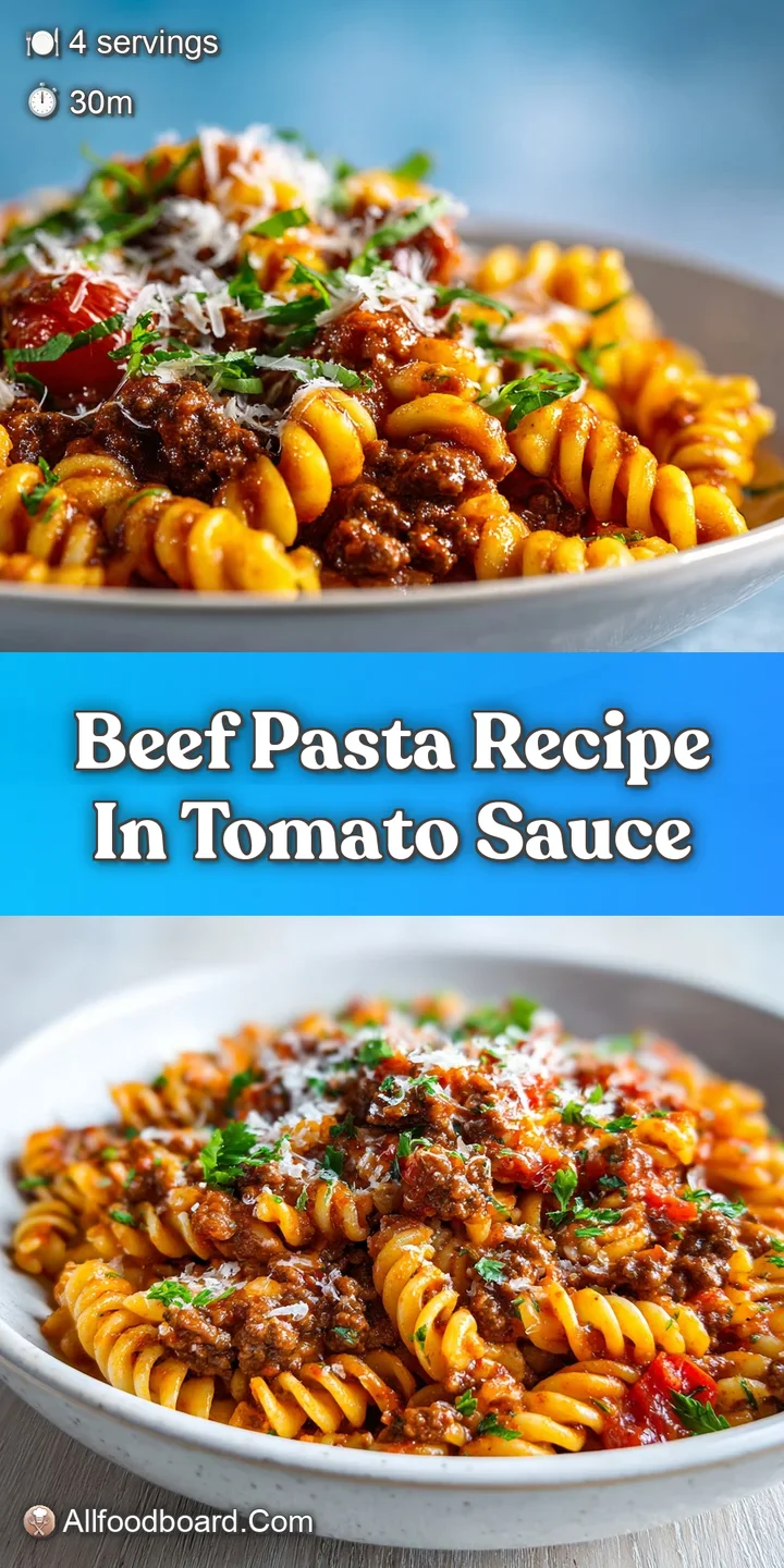 Close-up reveals glistening strands of pasta coated in thick, savory tomato sauce with chunks of browned beef and a sprink...