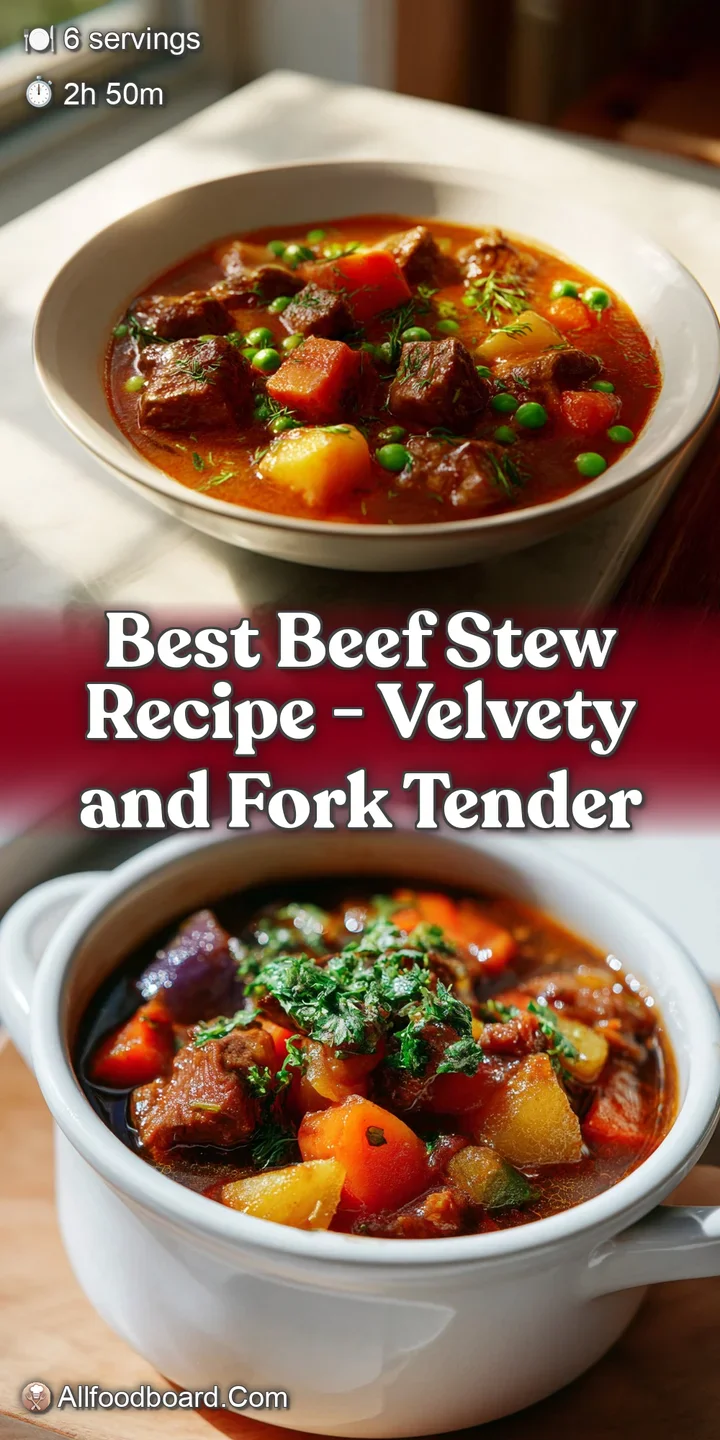 Close-up of glistening beef stew; visible tender beef chunks, soft carrots, and herb sprigs in the rich, dark, thick sauce.