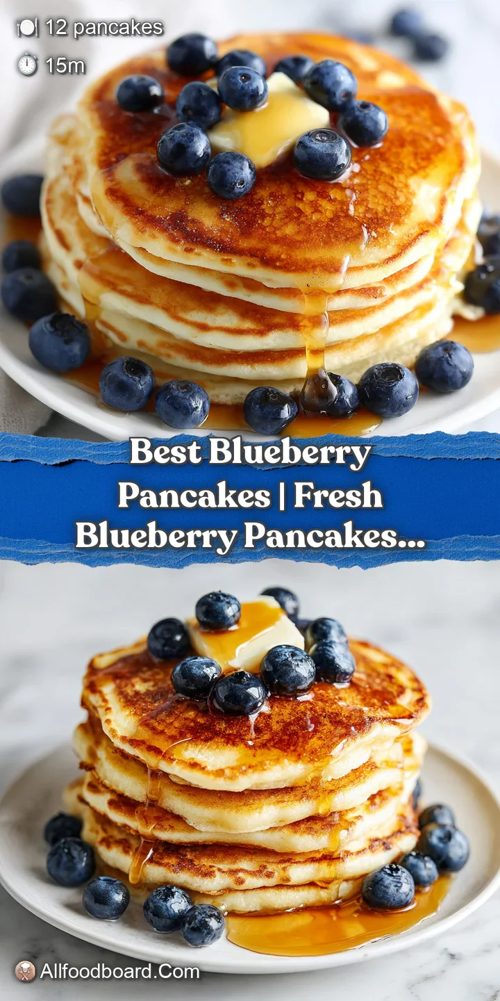 Close-up of golden, airy cakes showing juicy purple berries and glistening maple syrup dripping down the side.