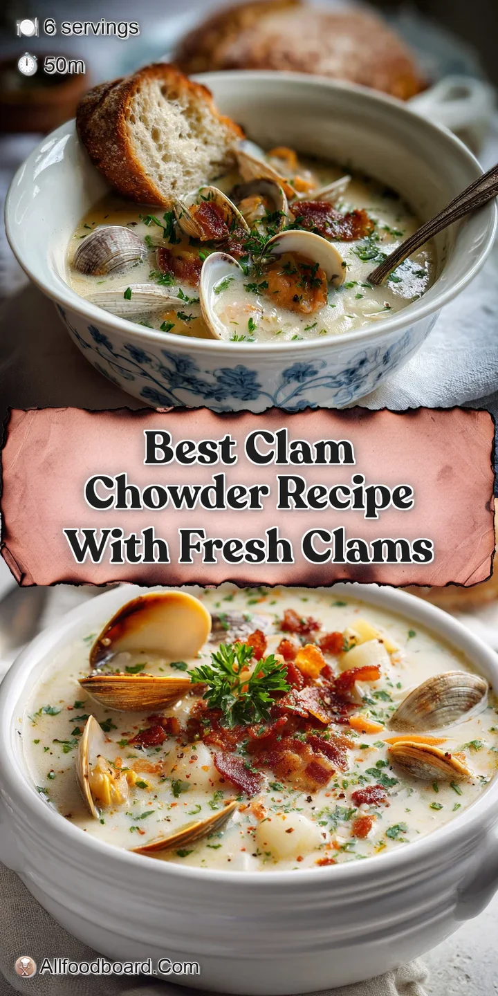 Close-up reveals chunks of juicy clams in rich, white chowder, garnished with fresh herbs. A comforting, warm dish.