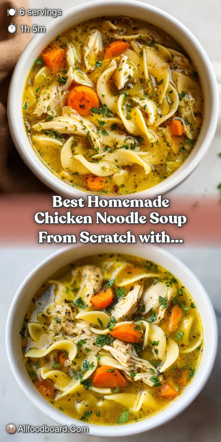 Warm, comforting chicken noodle soup with glistening broth, chunky vegetables, and shredded chicken. Fresh herbs add a pop...