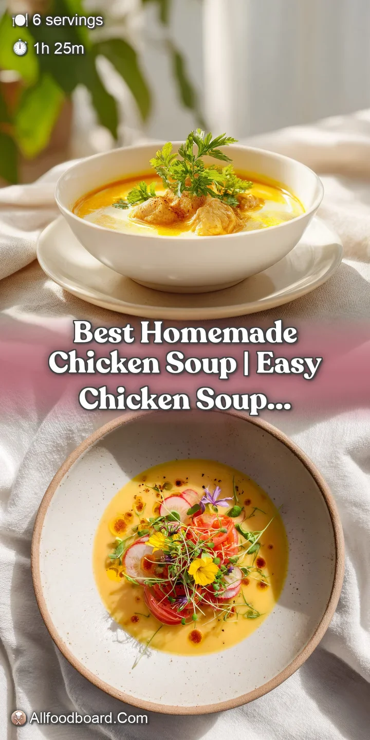 Close-up of tender shredded chicken and soft noodles in a savory, steaming golden broth with herbs.