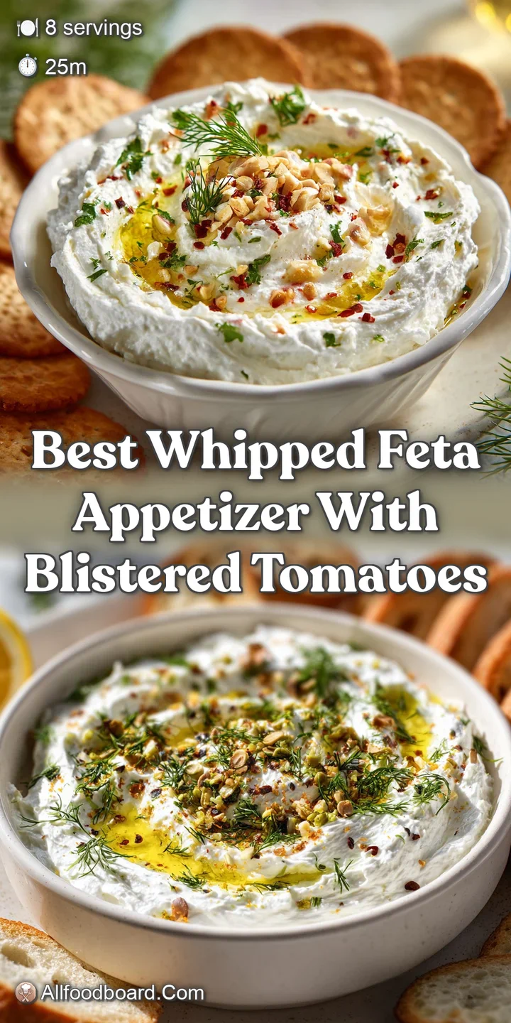 Close-up of fluffy whipped feta with a swirl of olive oil, a sprinkle of herbs, and the soft textures of fresh tomatoes an...