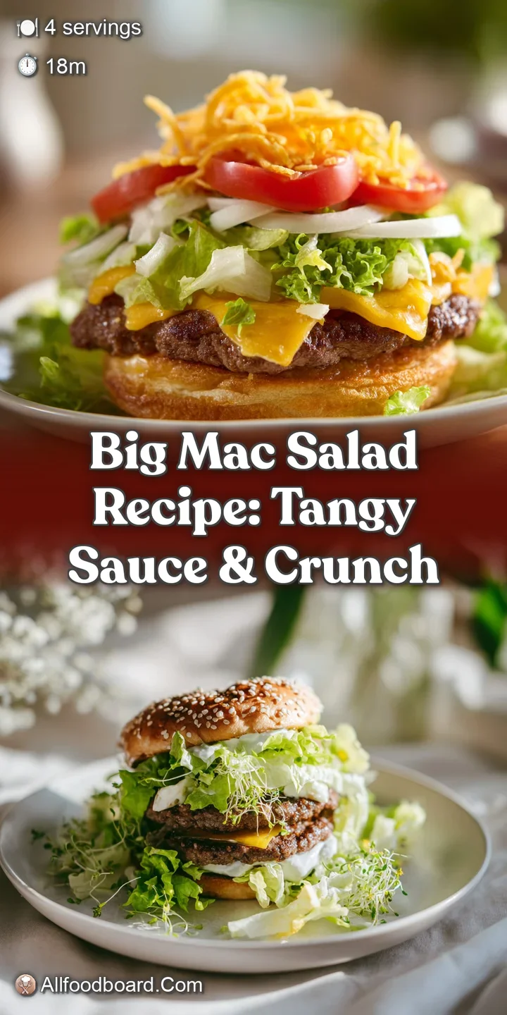 Close-up of Big Mac salad highlighting the juicy ground beef, crisp lettuce, tangy pickles, and signature sauce drizzled o...