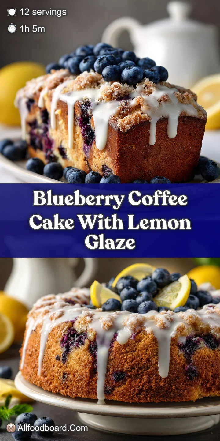 Close-up of blueberry coffee cake: moist crumb with juicy blueberries peeking out, glistening lemon glaze creates a sweet ...