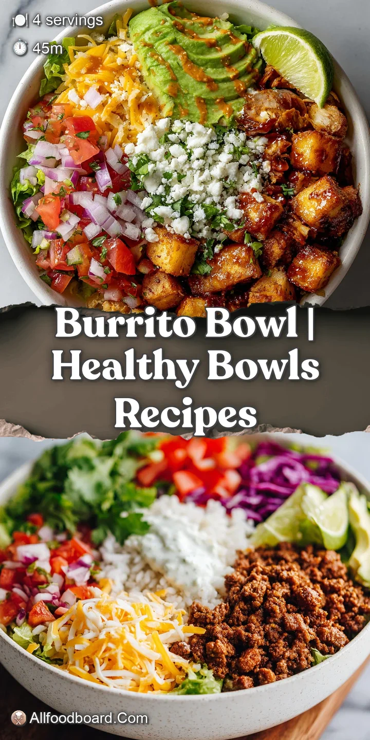 Close-up view of a burrito bowl highlighting the textural contrasts of tender chicken, crisp lettuce, and smooth guacamole.
