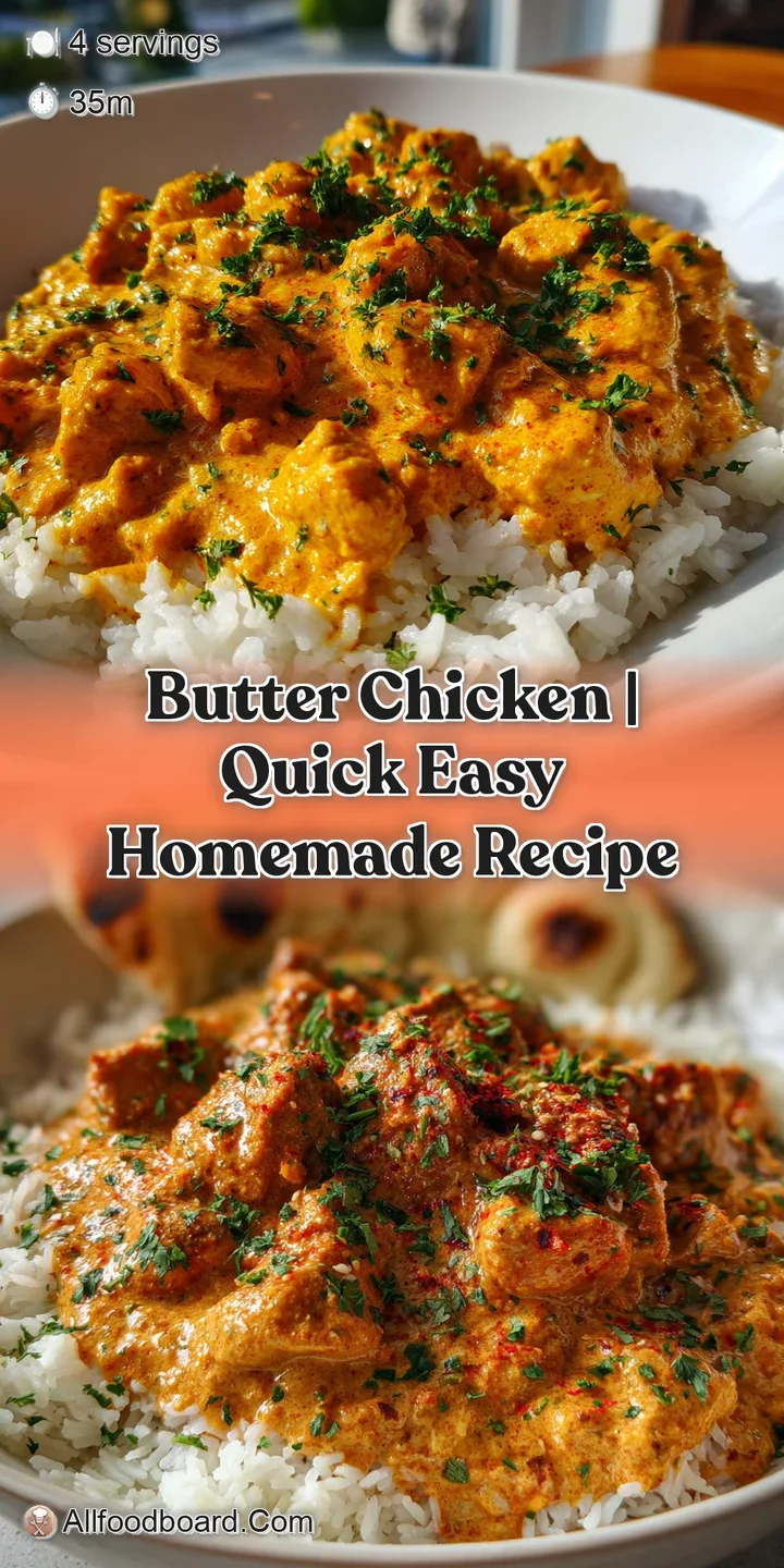 Close-up of butter chicken reveals a glossy, luscious sauce, tender chicken pieces, and a sprinkle of fresh, vibrant green...