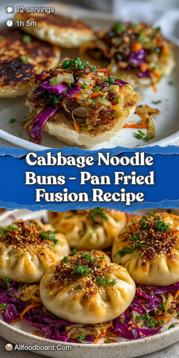 Close-up of a golden-brown pan-seared cabbage noodle bun, showing crispy edges and savory filling peeking through.