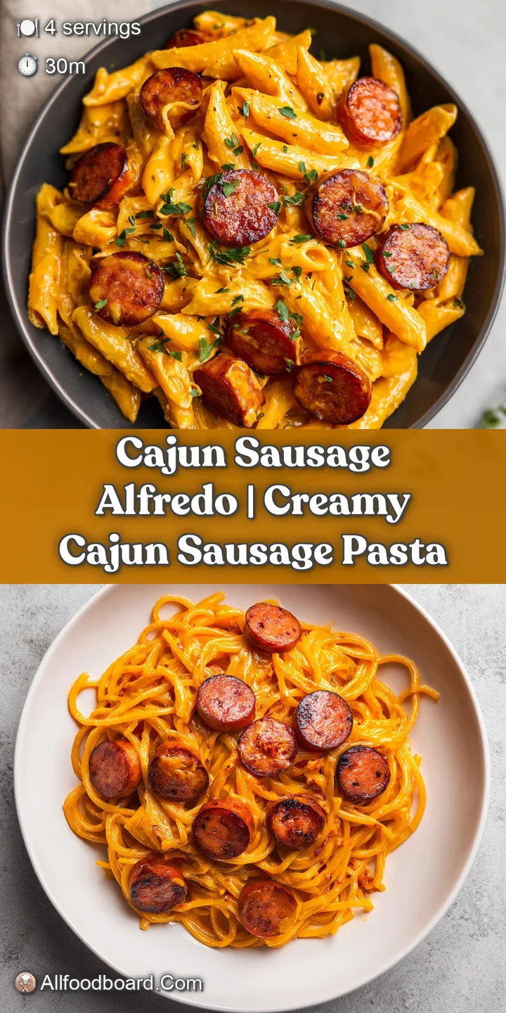 Close-up of juicy, spiced sausage coins nestled in thick, glossy white cream sauce clinging to tender noodles.