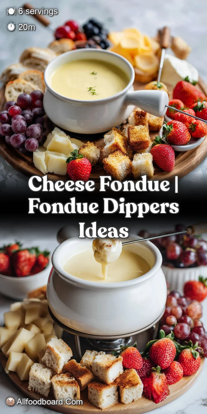 Close-up of warm, melted cheese fondue with visible strands, ready for dipping with a golden-brown, crusty piece of bread.